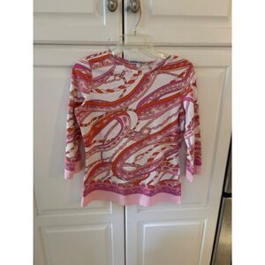 Barbara Gerwit Women's L 3/4 Sleeve Top Bold Geometric Print Pink Orange White